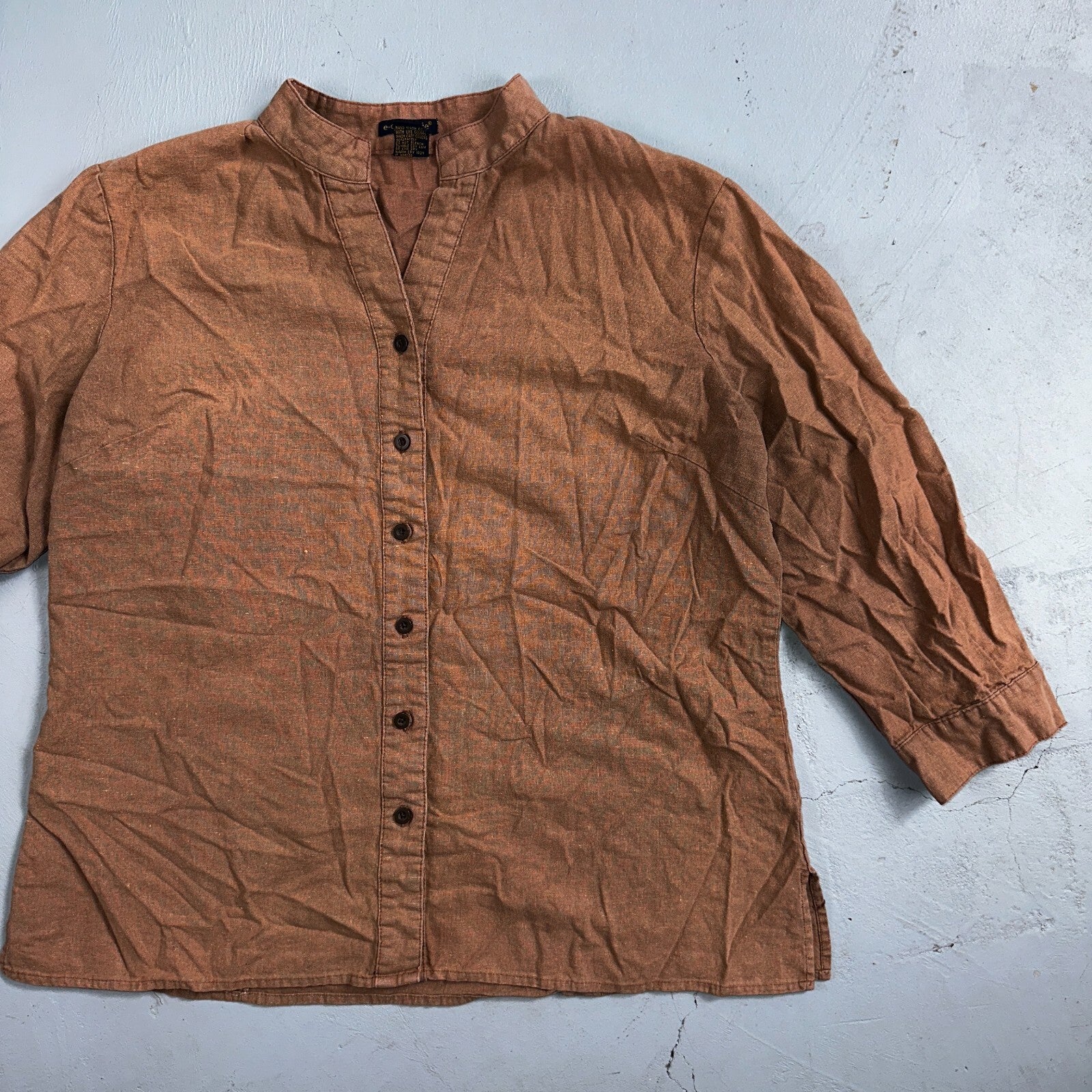 E-COL-O-GIE Womens Large Brown Linen Button Up Shirt Large Cotton VTG Y2K