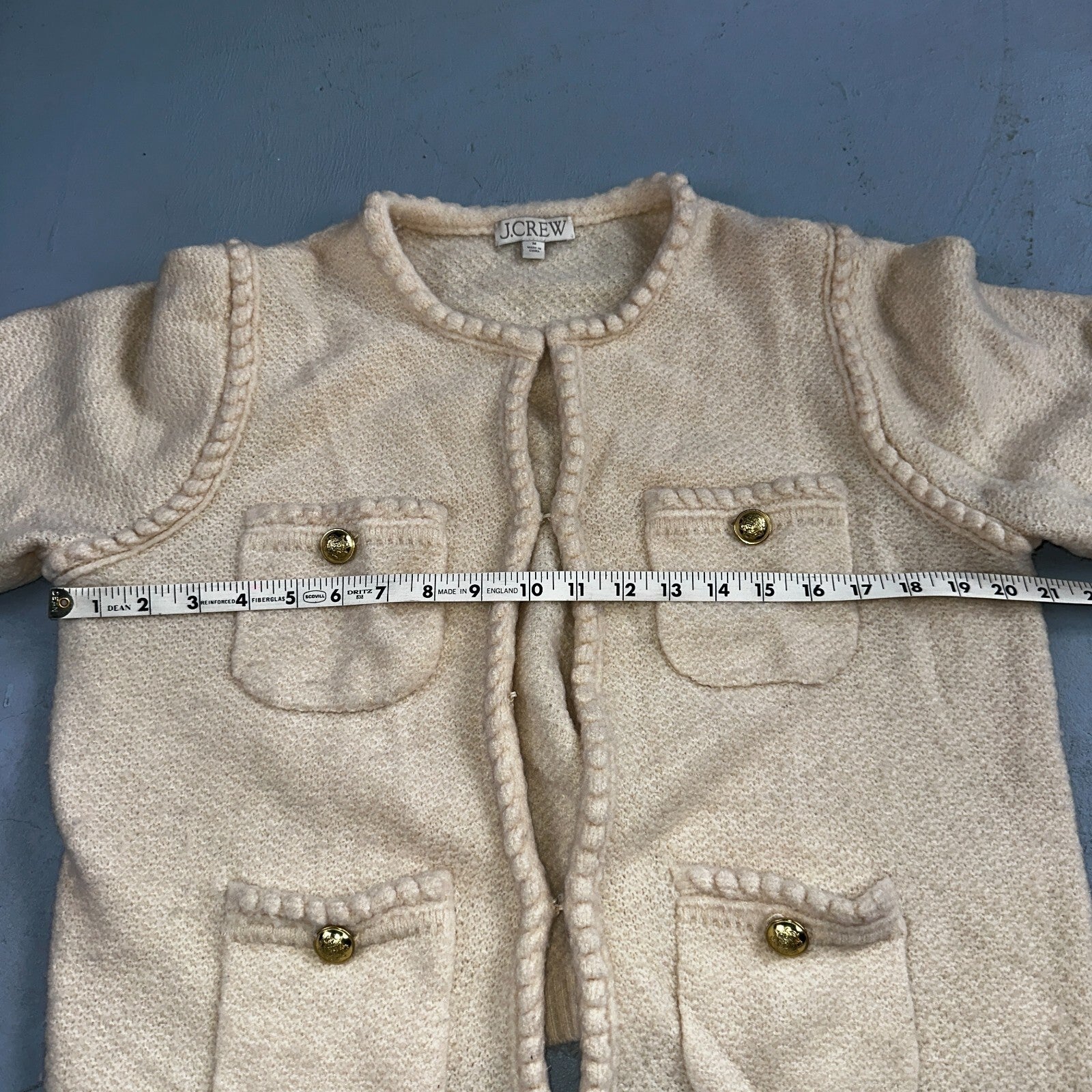 J. Crew Odette Lady Sweater Ivory Boucle Knit Gold Button Cardigan Jacket M