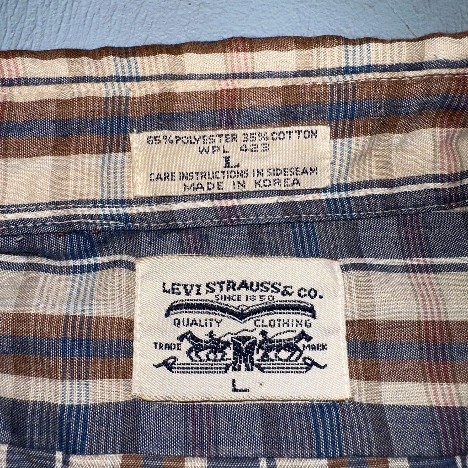 Levis VTG 1980s Button Shirt Mens L Plaid 80s Cowboy Shirt Korea Short Sleeve