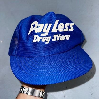 Vintage Pay Less Drug Store Hat Blue Mesh Snapback Pharmacy Promo Trucker Cap US