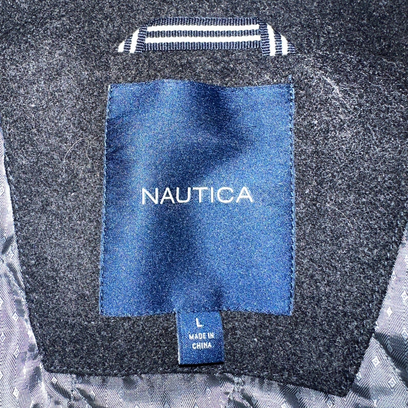 Nautica Men's Size L Double Breasted Wool Blend Collar Peacoat Black NWT $250