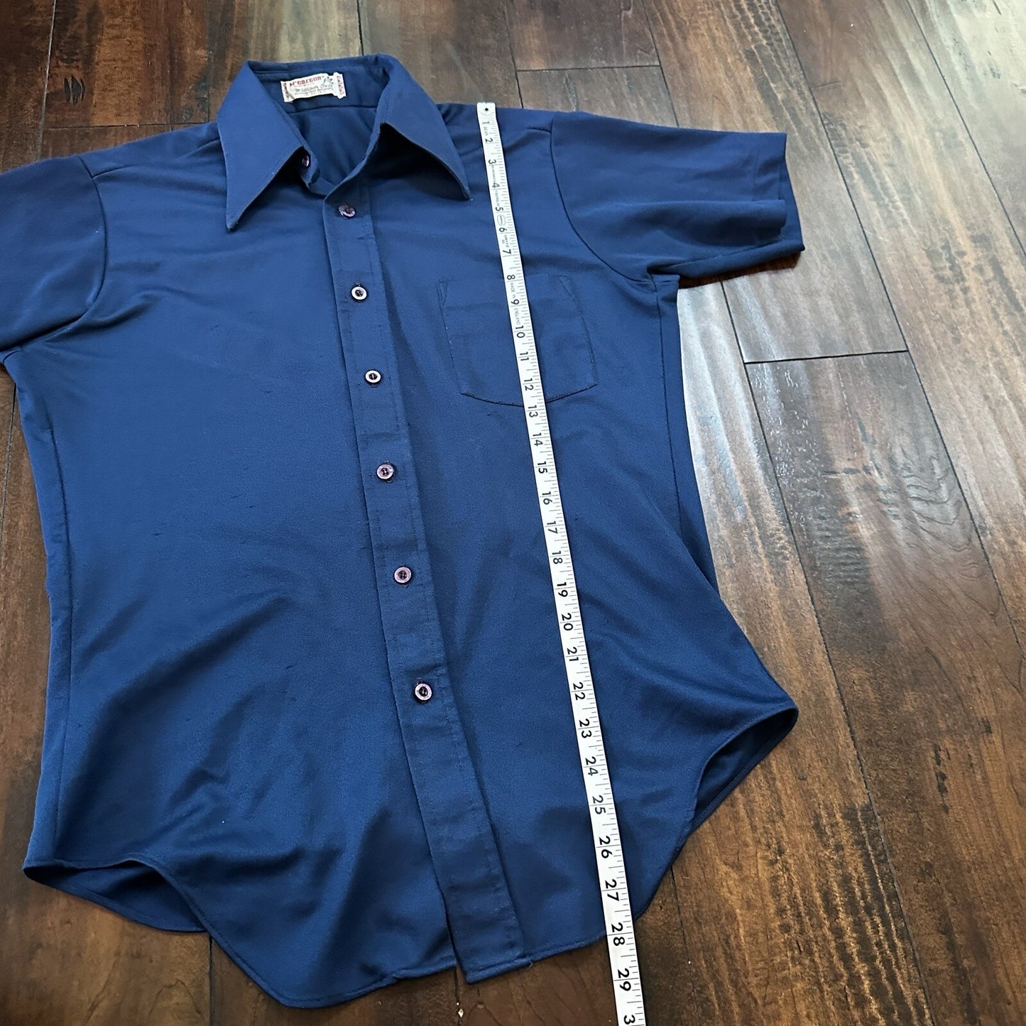 vintage 70s MCGREGOR shirt M button up plaid Blue Single pocket Rockabilly USA