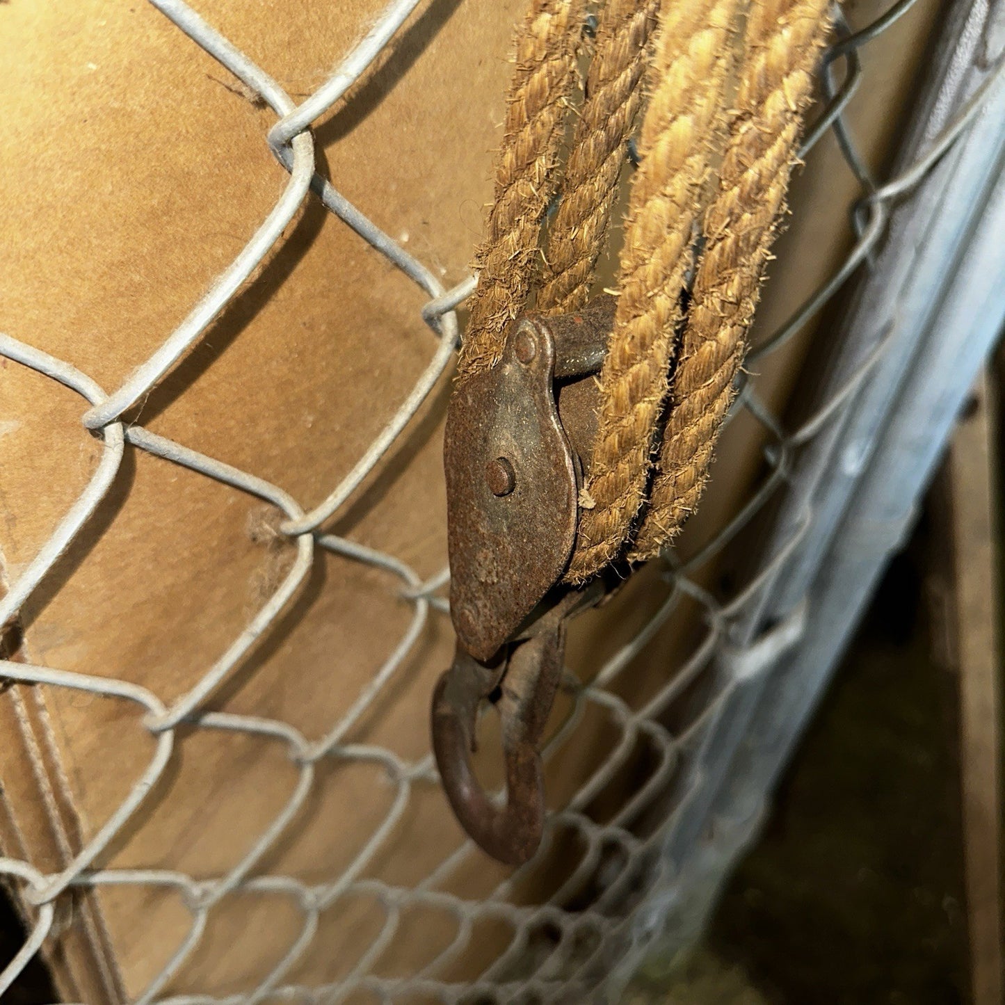 VTG Used Bell System Canvas Bucket Rope Lineman Tool Tote Barn Pulley Antique