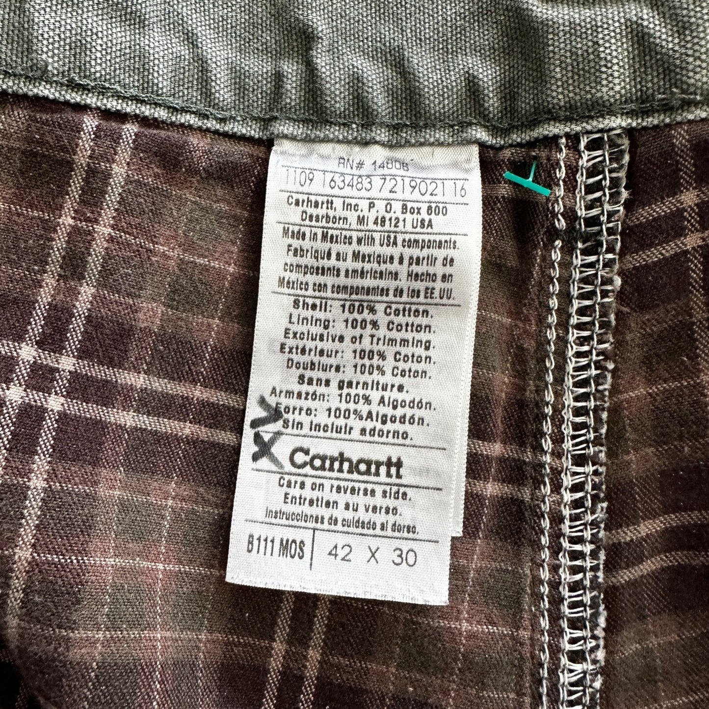 Carhartt Pants Men's 42X30 Flannel Lined Washed Duck VTG Fit B111-MOS Green