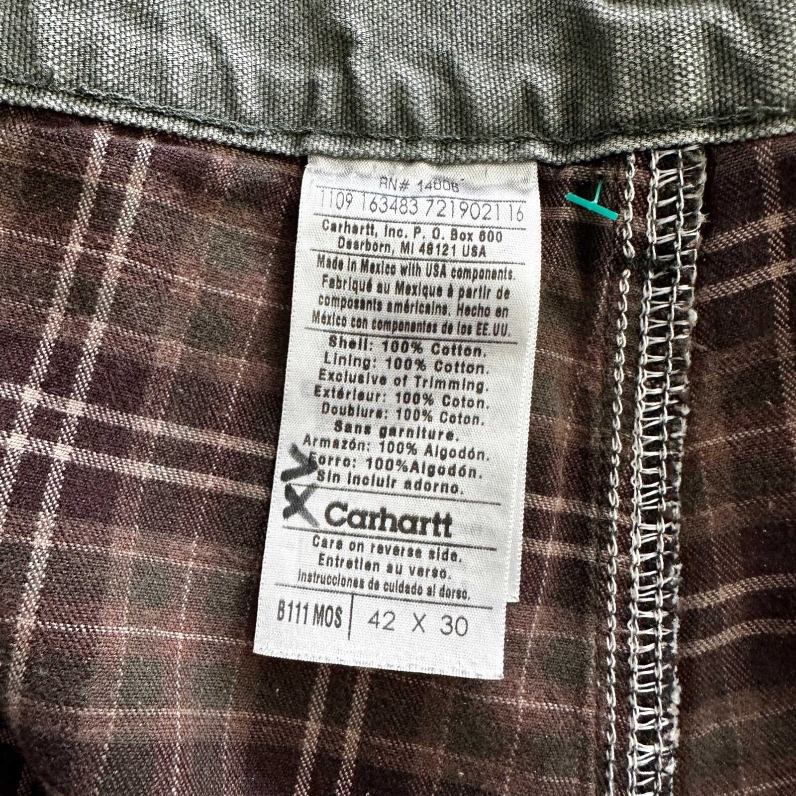 Carhartt Pants Men's 42X30 Flannel Lined Washed Duck VTG Fit B111-MOS Green