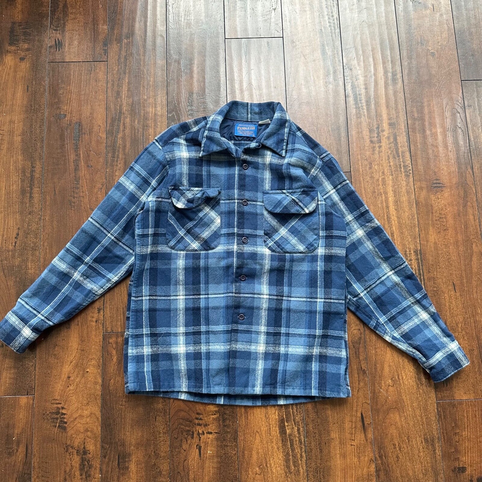 VTG USA Pendleton Board Shirt Mens M Virgin Wool Plaid Flannel Button Up Blue