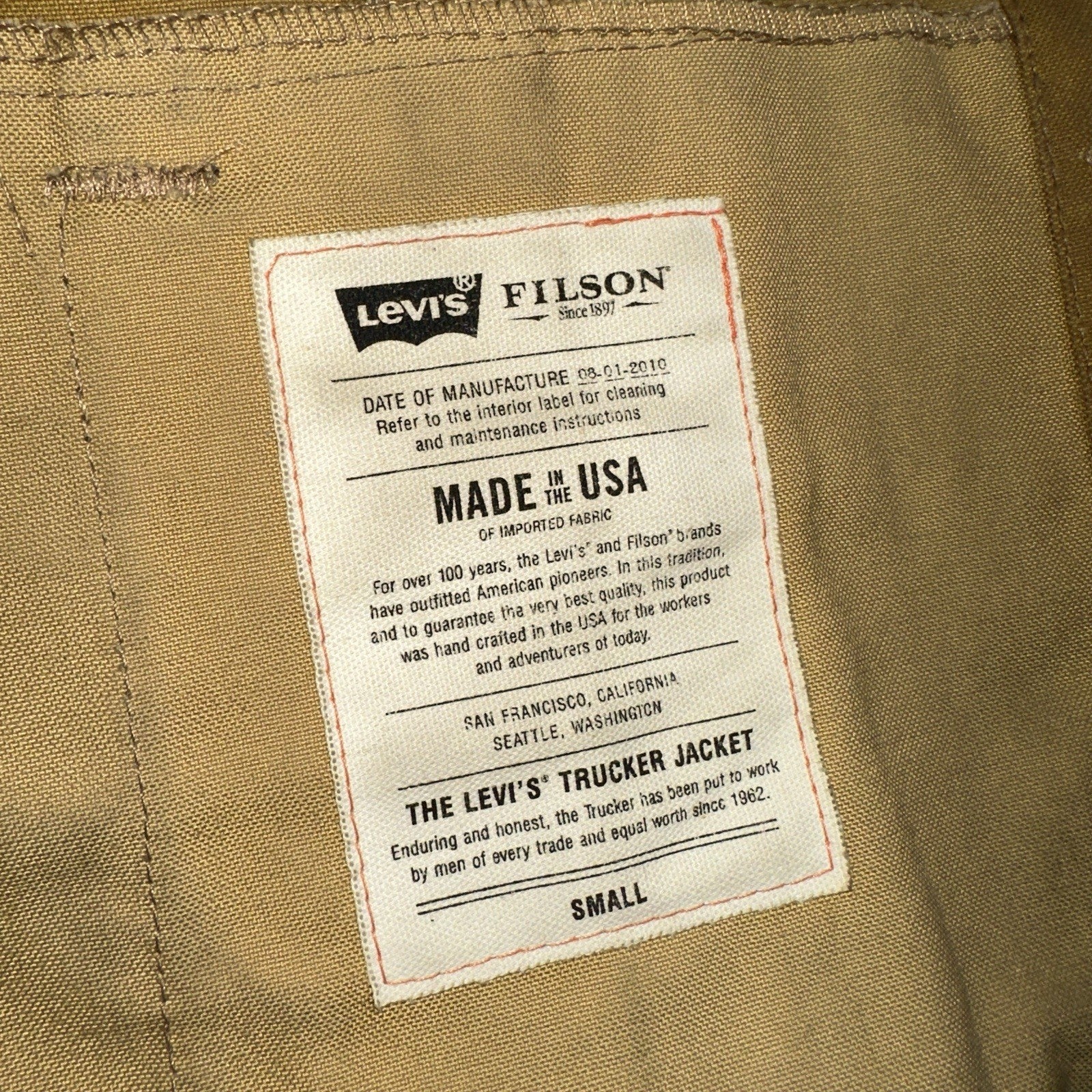 Filson x Levis Tin Cloth Trucker Jacket Men’s Small Tan Made In USA VTG Oil