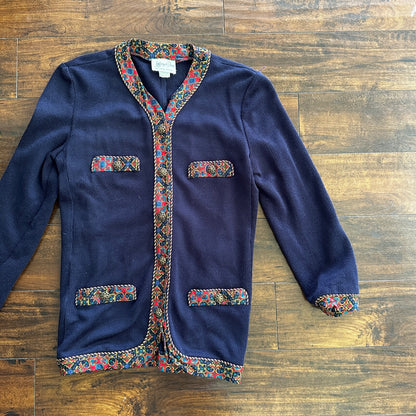 Jeffrey and Dara by Linda Hutley Knit Blazer Paisley VTG Navy Cardigan 90s