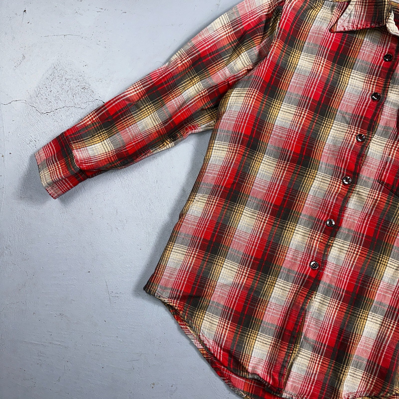 VTG Big Mac JC Penny Thick 100% Cotton Flannel Work Shirt M 70s Plaid Thrashed