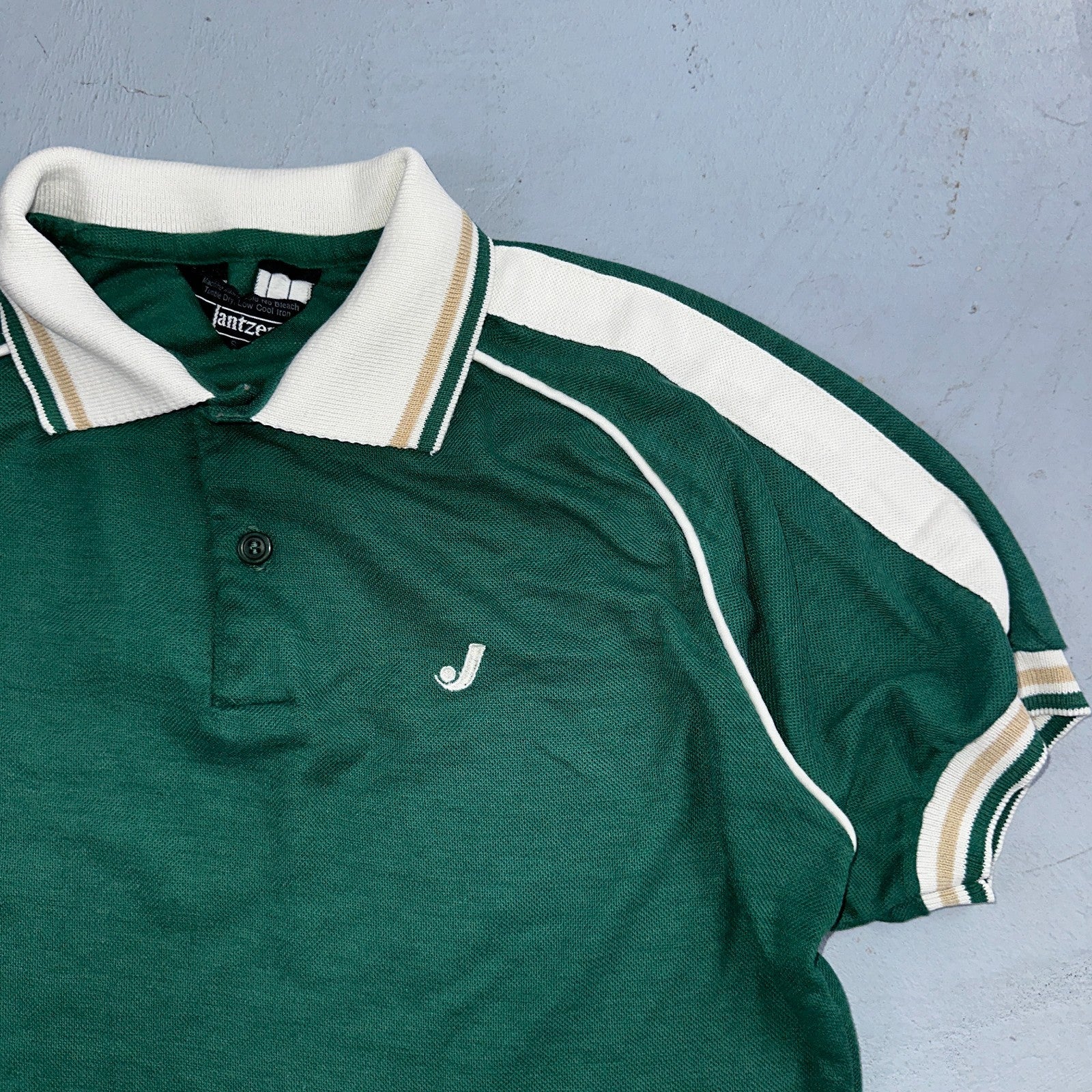 VTG JANTZEN Mens Polo Shirt Striped Collar Small Green White Jersey Cool 80s USA