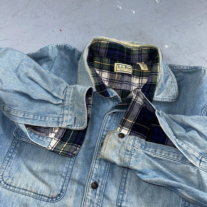 VTG USA Made LL Bean Flannel Lined Worn Distressed Denim Shirt Size L Farm Core