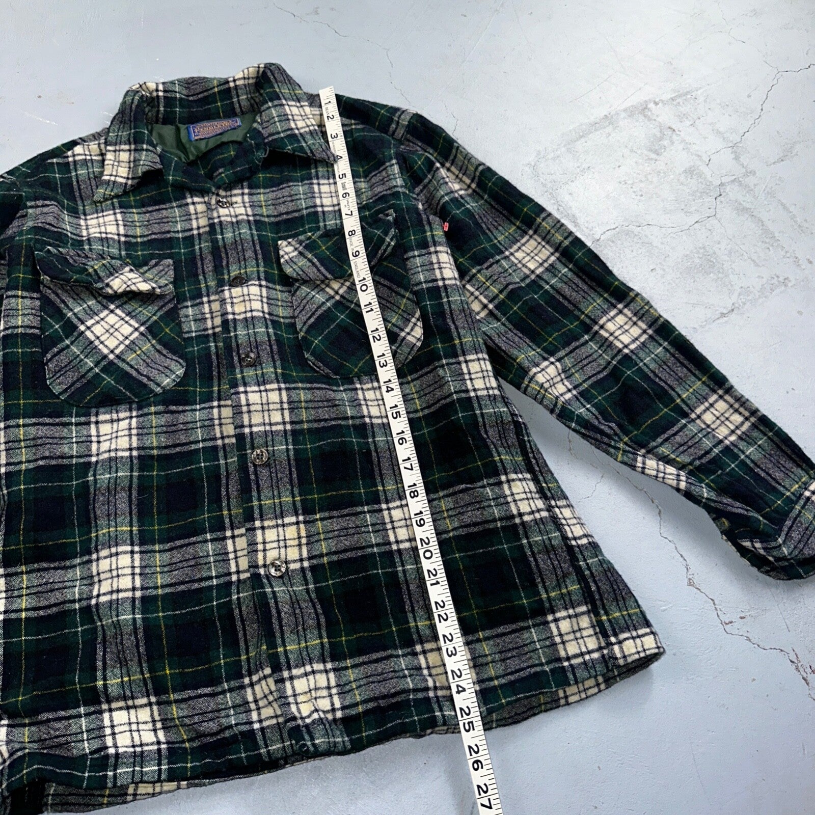 Pendleton VTG Men's Board Shirt Medium Loop Collar USA Wool Woolen Plaid Green