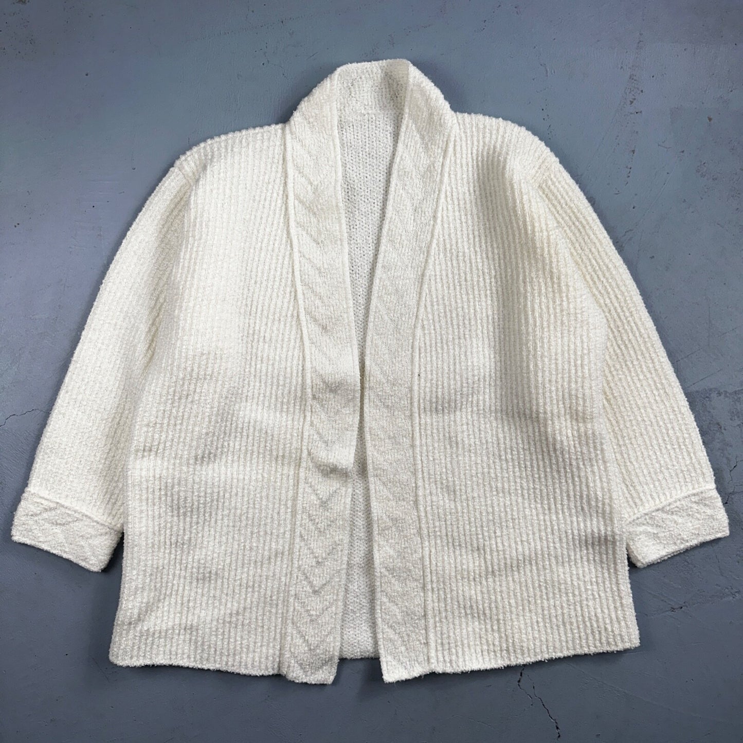 Vintage White Knit Sweater Cardigan Womens 70s 80s Basic Cozy Kimono Robe