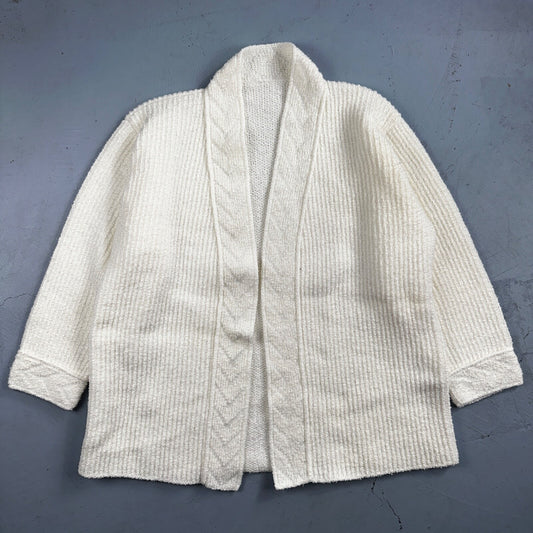 Vintage White Knit Sweater Cardigan Womens 70s 80s Basic Cozy Kimono Robe