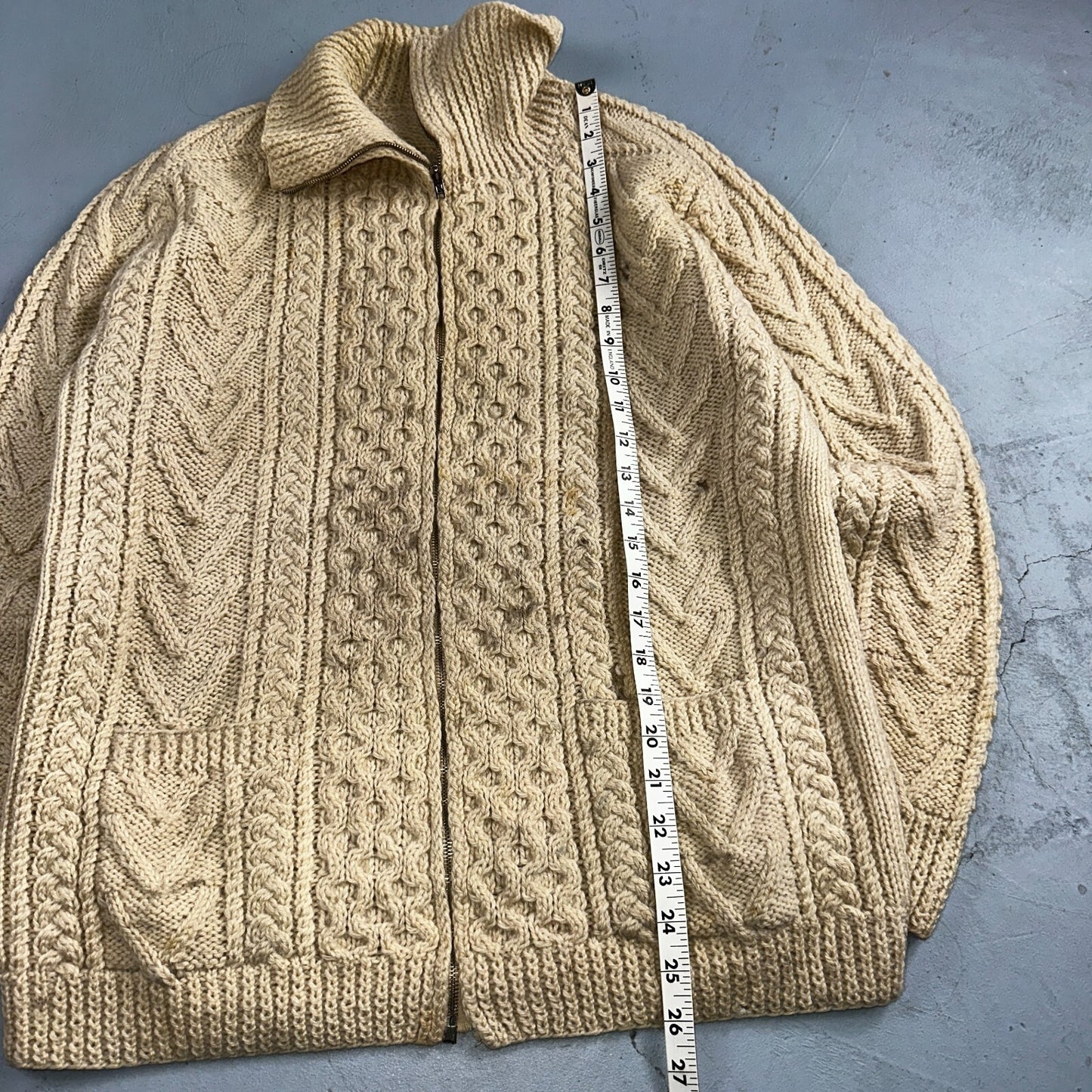 VTG Sweater Mens M Cream Cable Knit Ribbed Full Zip 1960s Rockabilly Ivory Rare