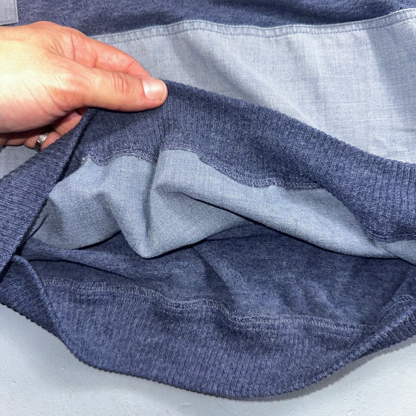 Vintage Essentials International Shirt M Blue Jean Sleeve Button Up 90s 80s