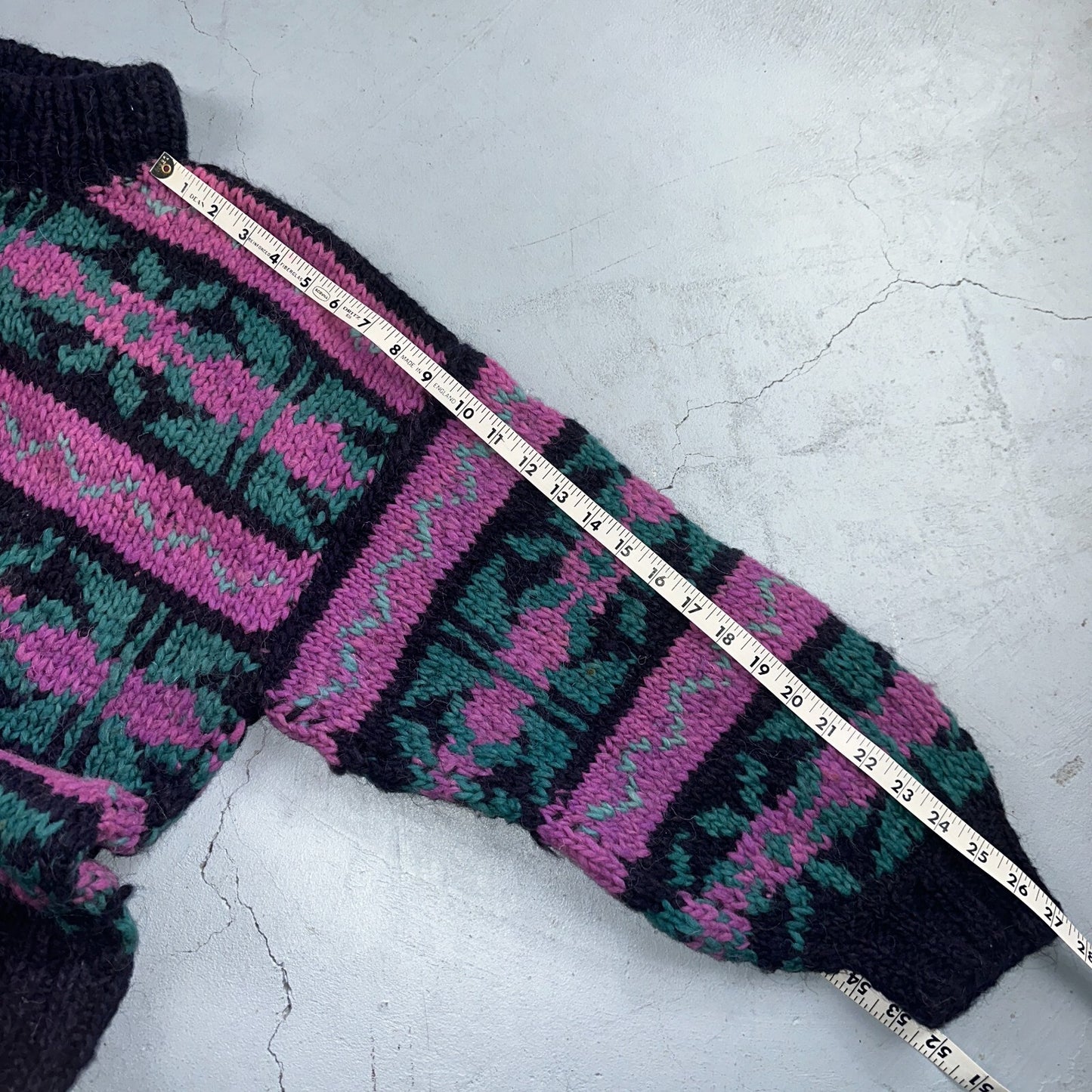 VTG World Class Sweater Purple Striped Wool Hand Made Aztec Geometric 1970s