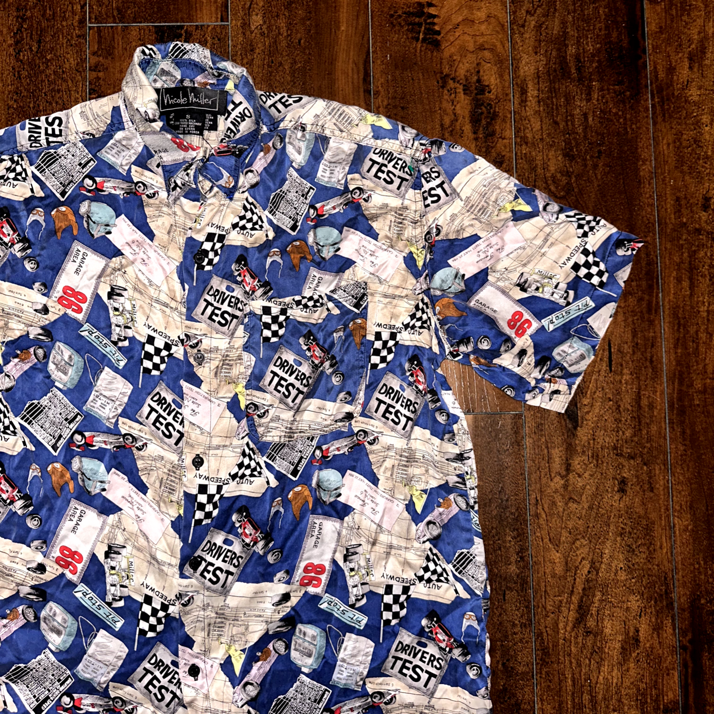 Nicole Miller 100% Silk Shirt Vintage 1994 Limited Quantities Cars Drivers Test