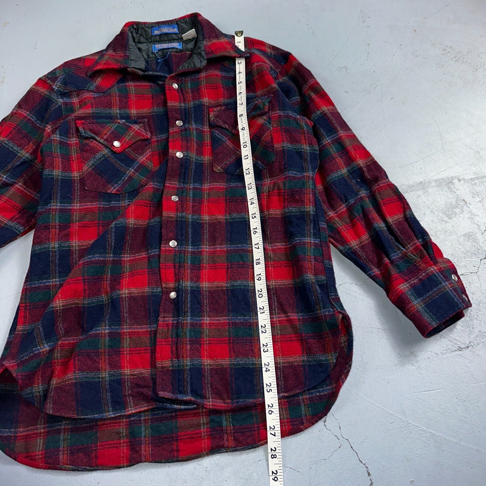 Pendleton VTG 100% Virgin Wool Western Plaid Shirt Pearl Snap Red High Grade