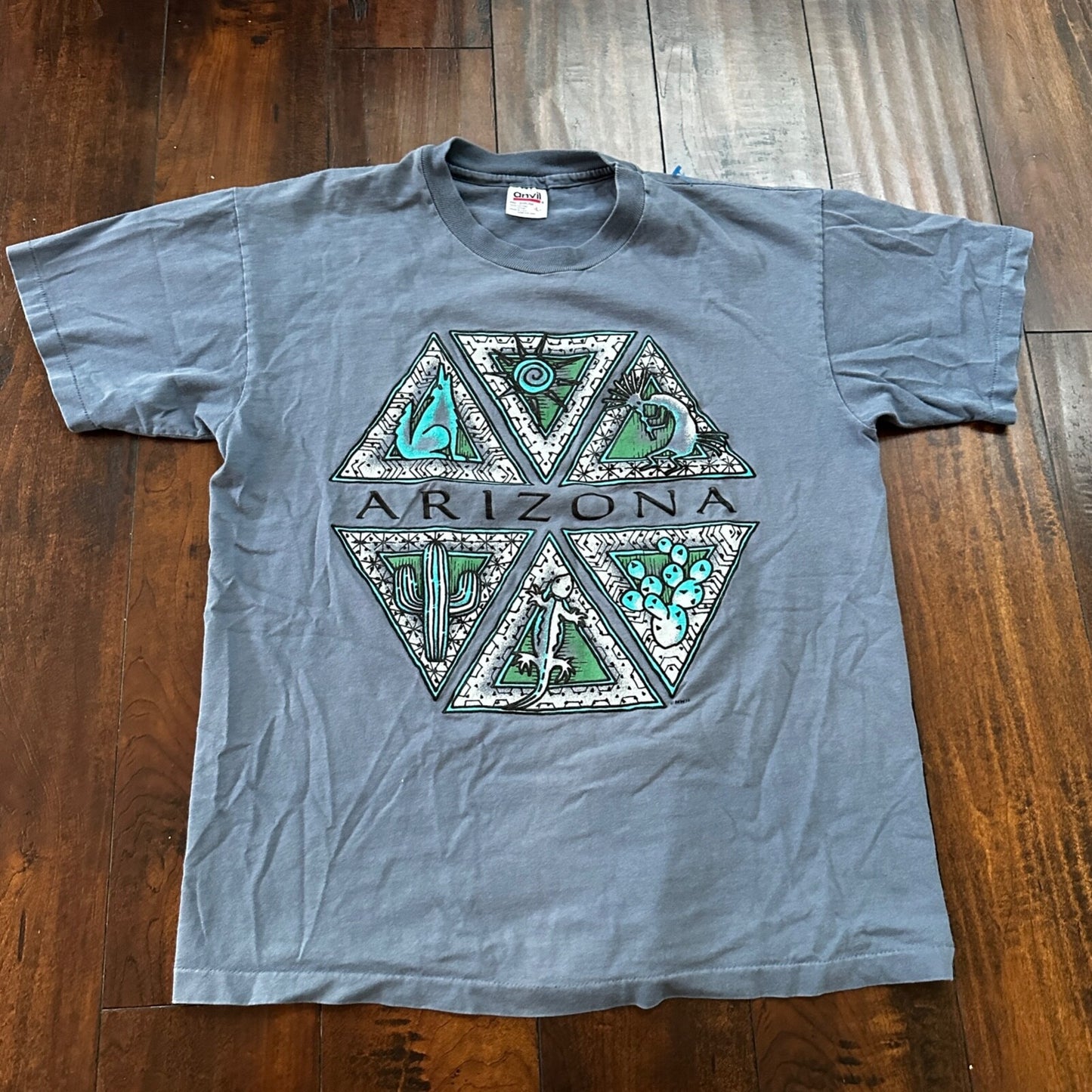 Arizona Anvil 90s Vintage T Shirt City Phoenix Travel USA Large Blue Lizard Sun