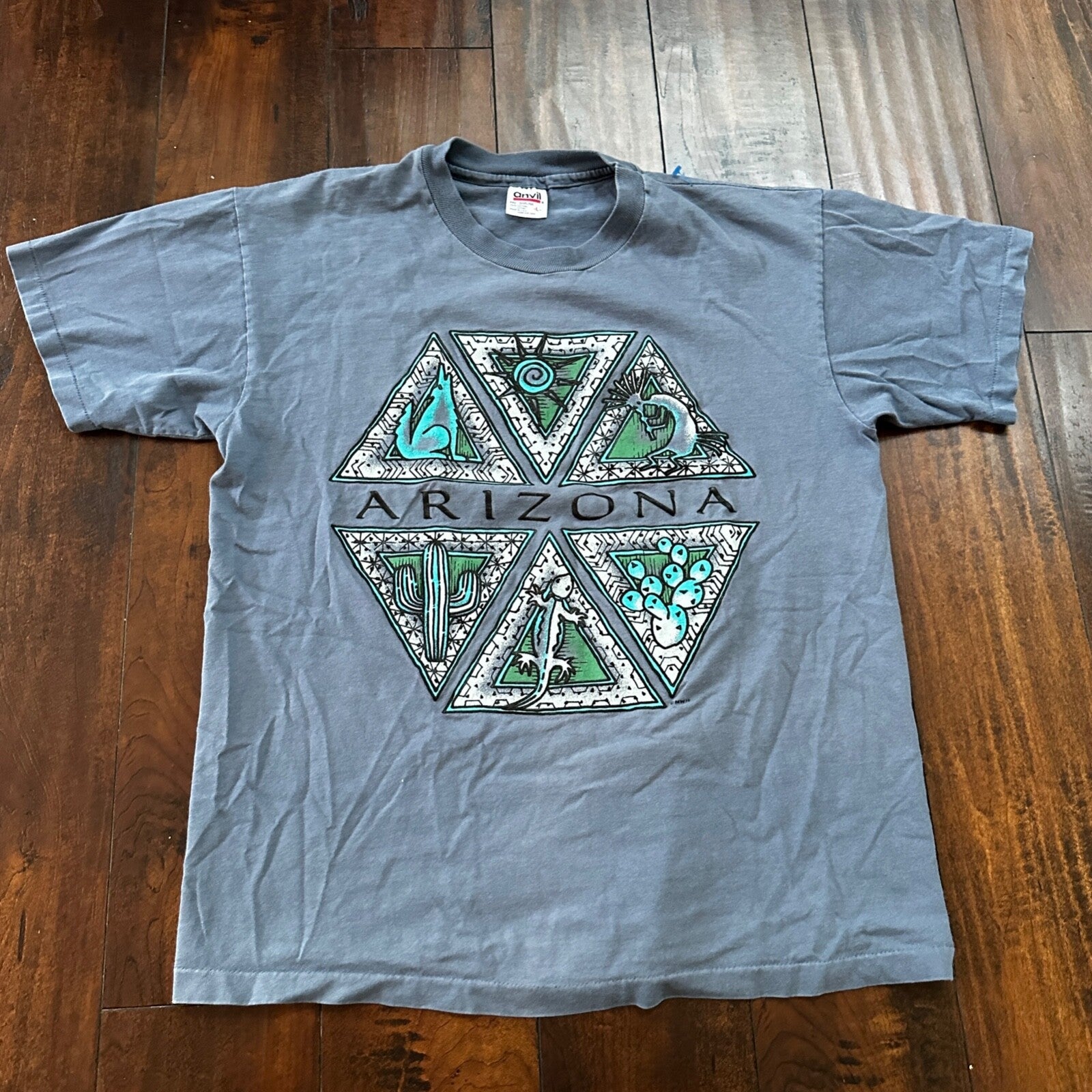 Arizona Anvil 90s Vintage T Shirt City Phoenix Travel USA Large Blue Lizard Sun