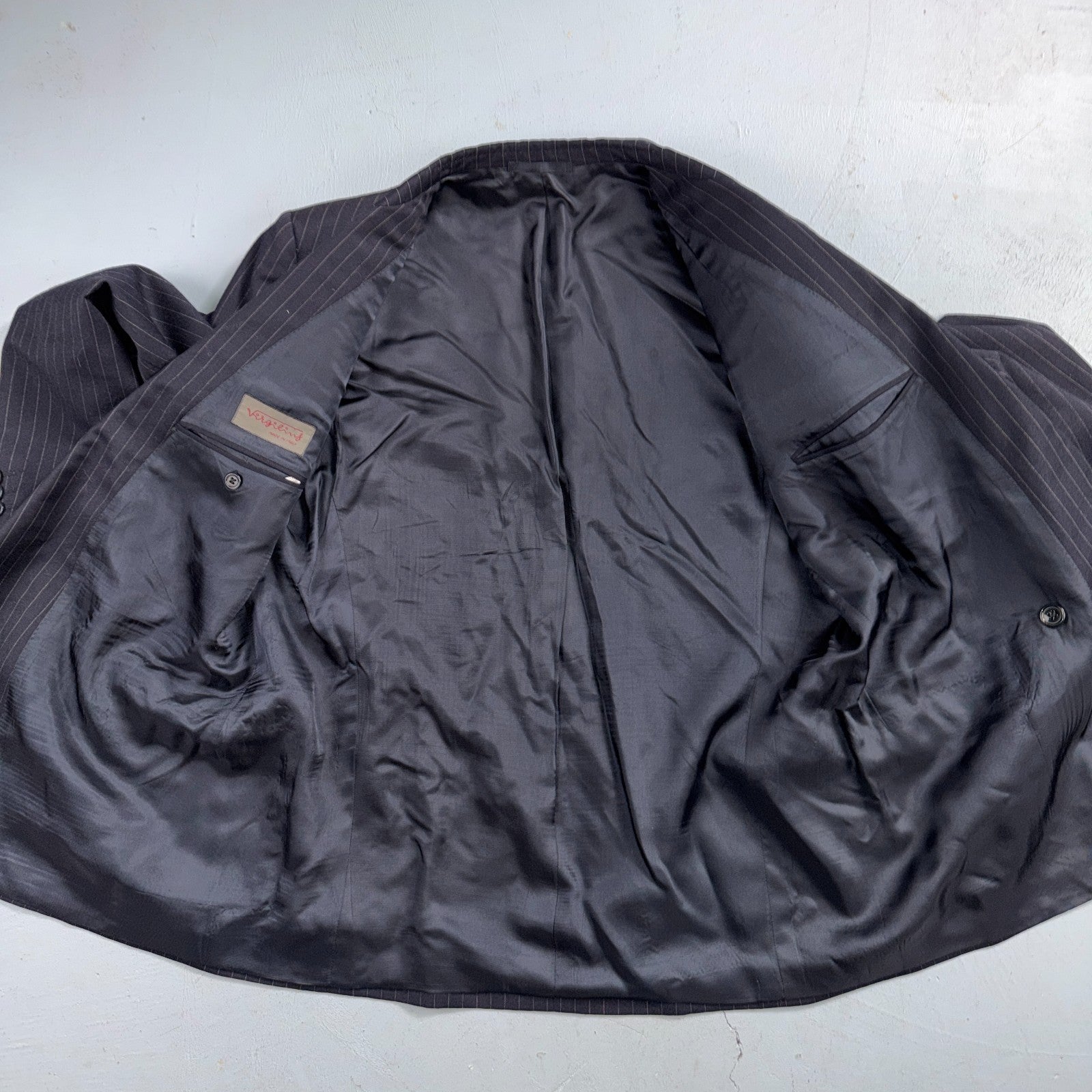 VTG Wool Suit Italy 54 Jacket Sport Coat Virgilini Double Breast Pin Stripe 80s