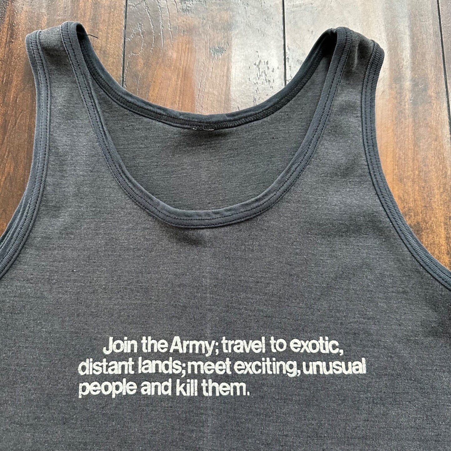 Join The Army RARE Vintage T Shirt 80s Tank Military Text Kill Humor USA Country