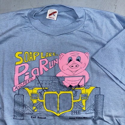 Pig Run and Feed 80s VTG T Shirt 1988 Cute Fun Graphic Racing Cars Soap Lake WA