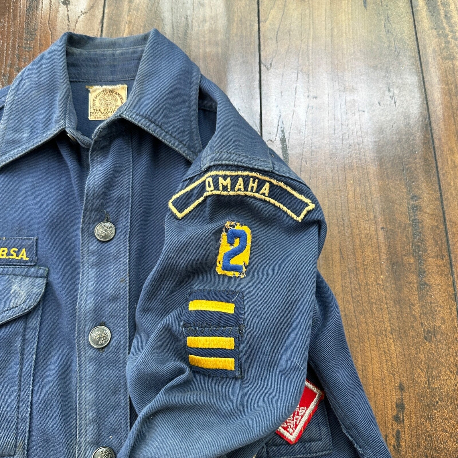 Vintage 60s BSA Boy Scouts Cub Shirt Blue Button Up Uniform Flawed Pins