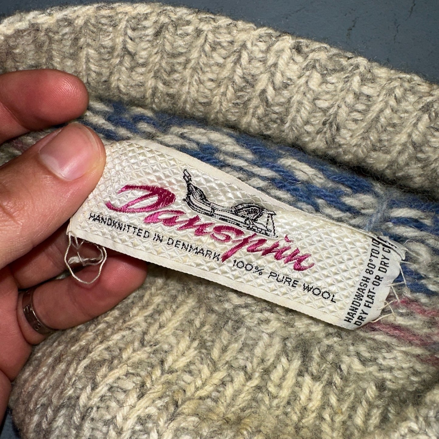 Vintage Danspin Denmark Wool Knit Hat Nordic Fair Isle Beanie Pom Winter Cap 70s