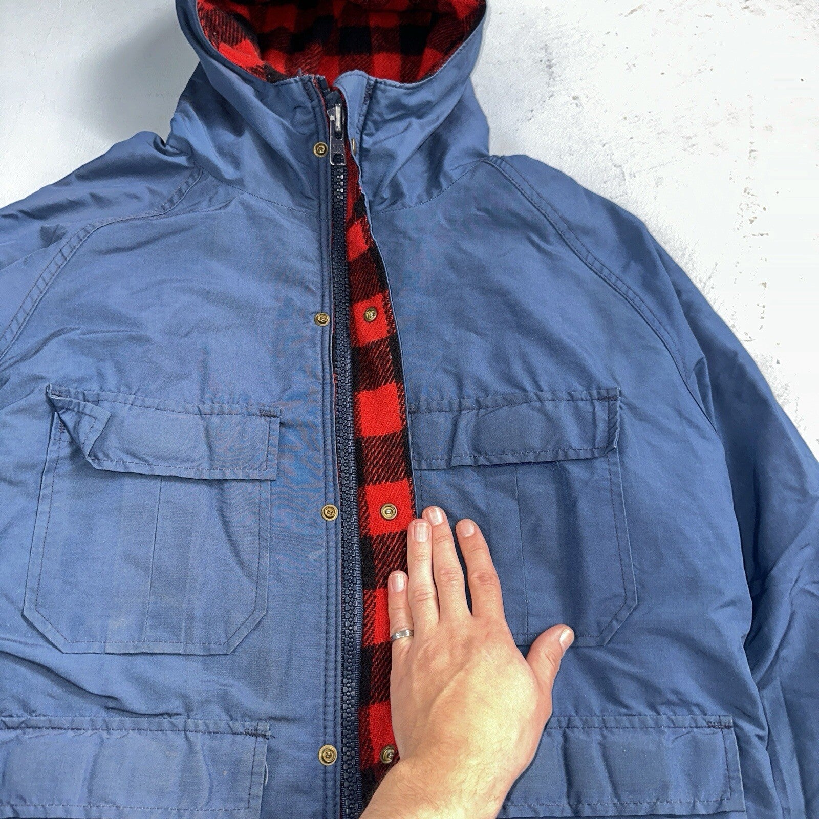 LL Bean Parka VTG Jacket Mens M Baxter State  Maine Coat Plaid Lined Blue Wool