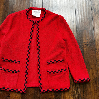 VTG Castleberry Womens Knit Cardigan Blazer Jacket Red Checkerboard Cute Grandma
