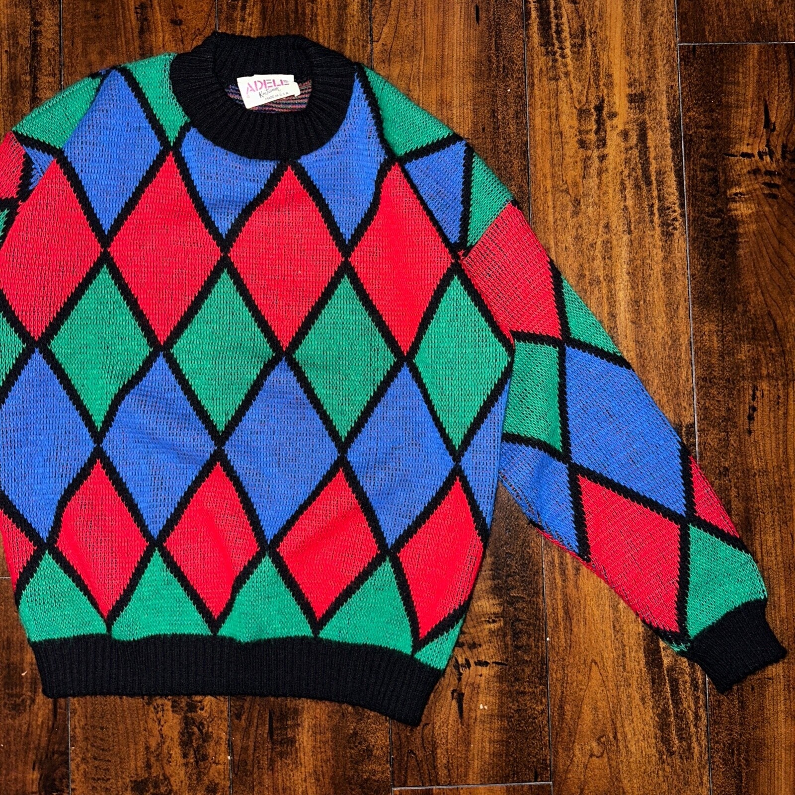 Vintage Adele Knitwear Sweater Abstract Diamond 80s Red USA 90s RARE Art