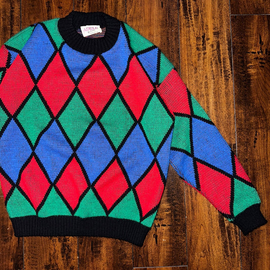 Vintage Adele Knitwear Sweater Abstract Diamond 80s Red USA 90s RARE Art