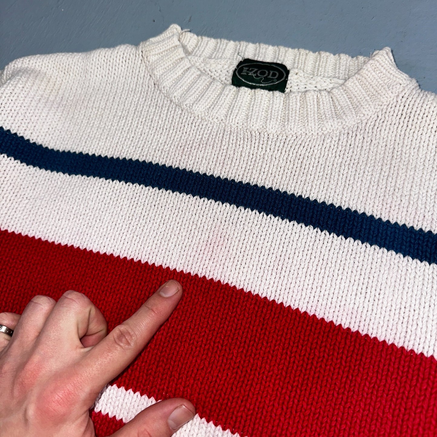 Izod VTG Sweater Mens L Striped Nautical Fisherman Yacht Club 80s 90s Geometric