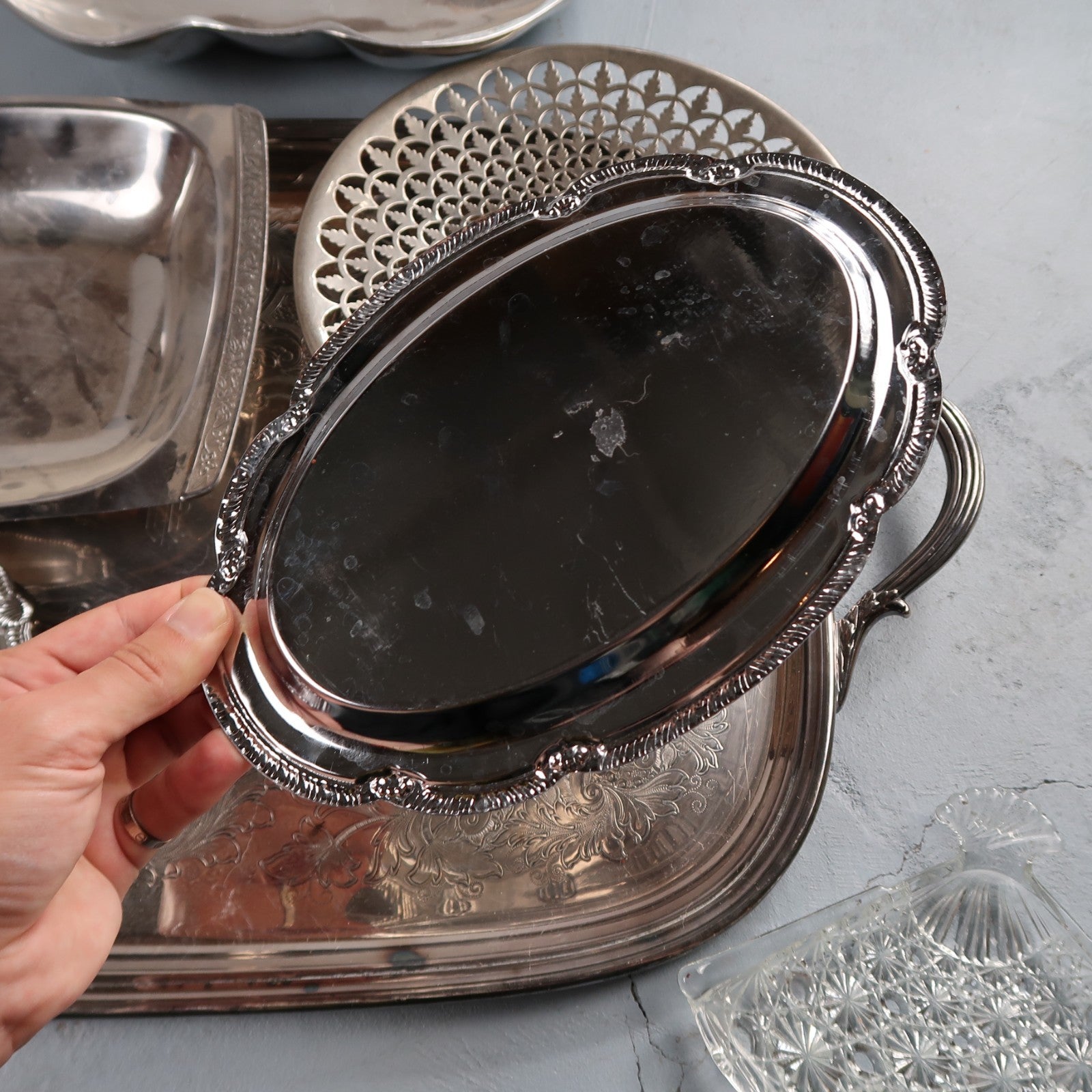 Vintage Baroque Victorian Not Silver Plated Platter Collection Lot Fancy Trays