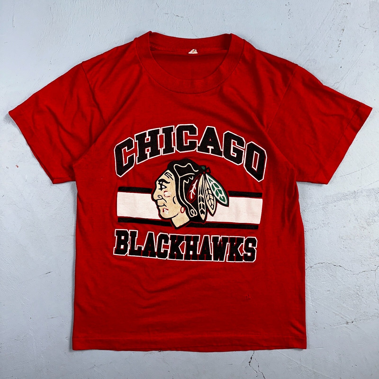 Chicago Blackhawks 1980s VTG T Shirt Single Stitch Red Screen Stars Medium 80s