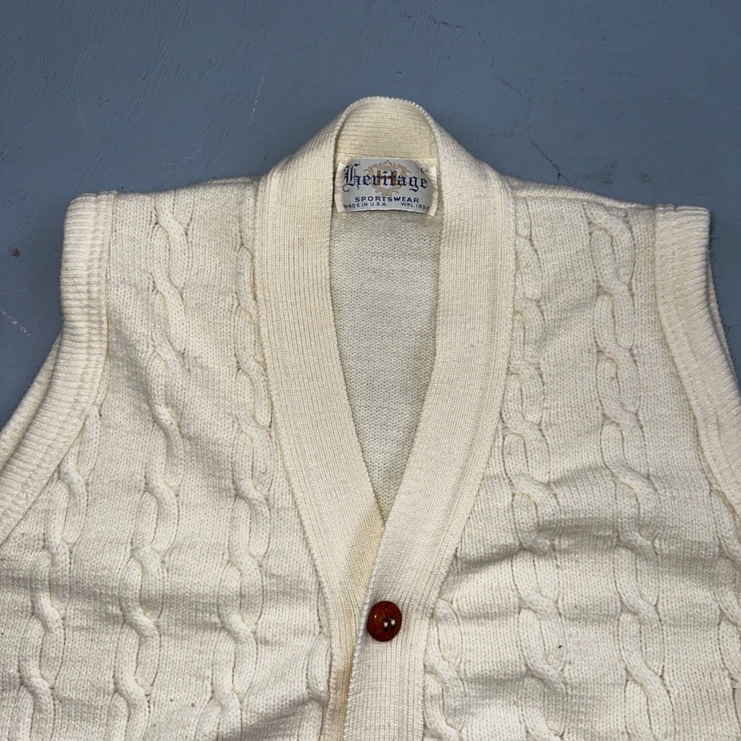 Vintage 70s Heritage Sweater Vest L Mens USA Crewneck Cream Cable Knit Fisherman
