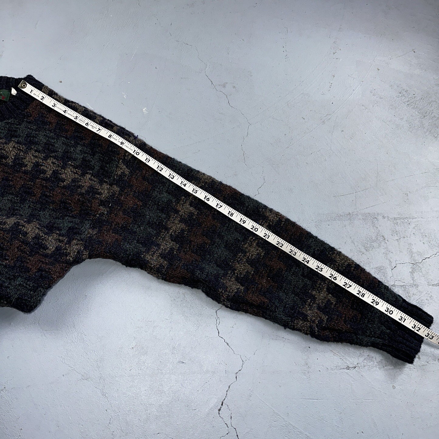 Orvis Men’s Wool Sweater XL Navy Green Tan Brown Jumper Houndstooth GrandpaCore