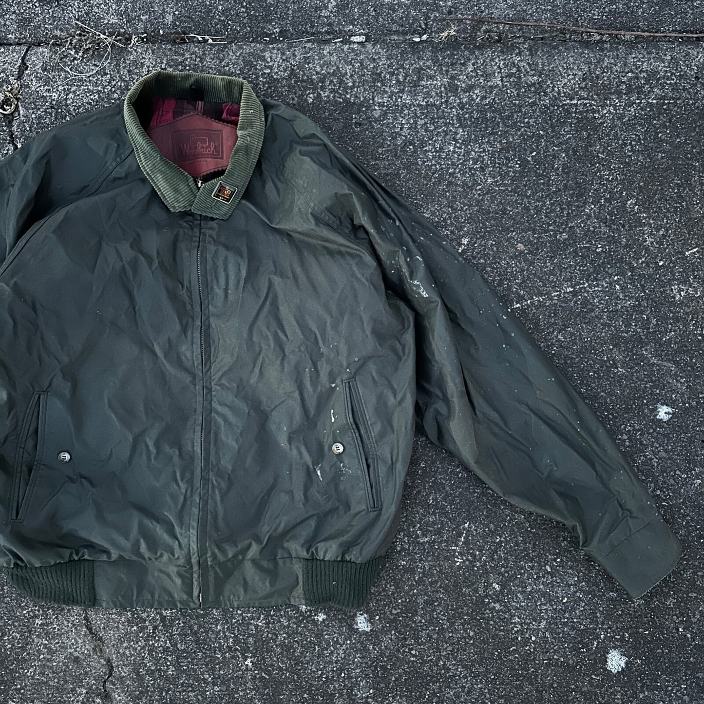 Vintage Woolrich Bomber Jacket Green USA Stained 90s Red Lining USED HEAVY