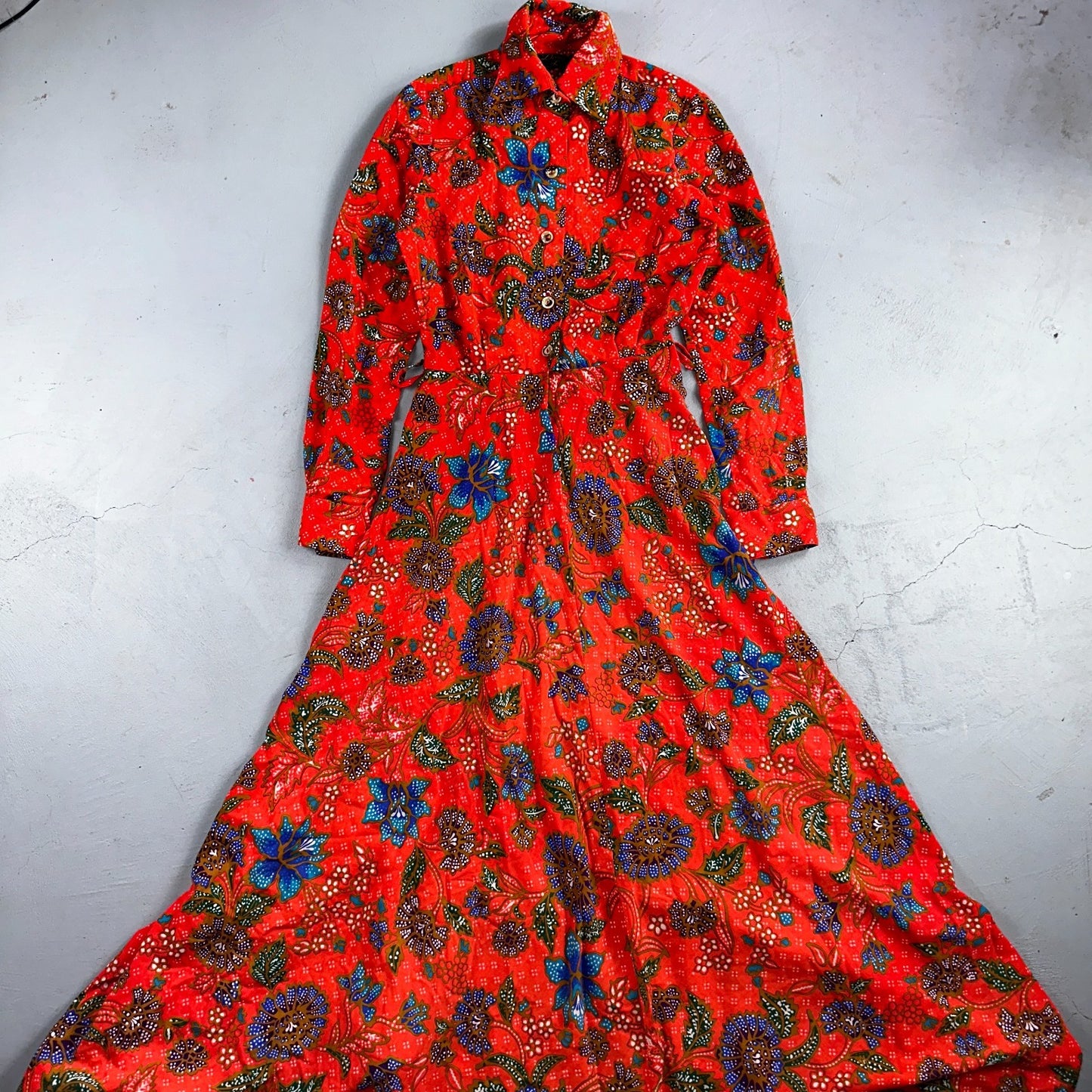 Vintage Denise Maxi Dress Red Floral Batik Boho 70s Style Hermosa Beach CA Rare