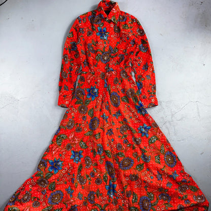 Vintage Denise Maxi Dress Red Floral Batik Boho 70s Style Hermosa Beach CA Rare