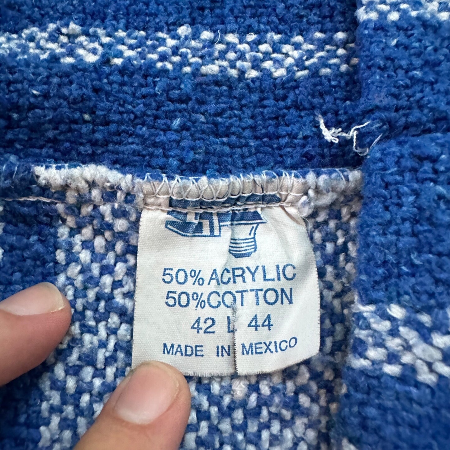 VTG Mexican Poncho Baja Hoodie Surfer Skater Drug Rug Pullover Blue White L