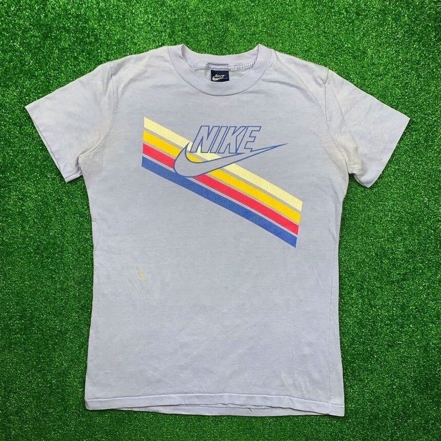 Nike Vintage T Shirt USA Rare Womens LGBTQ Rainbow Running Blue Tag 80s Swoosh