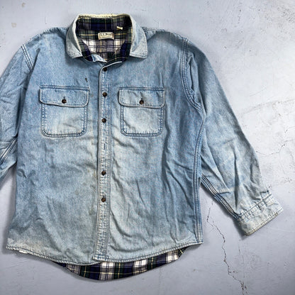 VTG USA Made LL Bean Flannel Lined Worn Distressed Denim Shirt Size L Farm Core
