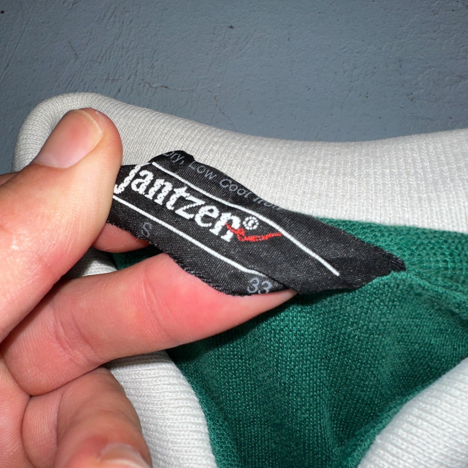 VTG JANTZEN Mens Polo Shirt Striped Collar Small Green White Jersey Cool 80s USA
