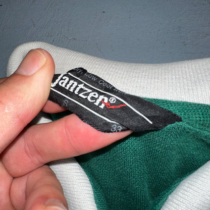 VTG JANTZEN Mens Polo Shirt Striped Collar Small Green White Jersey Cool 80s USA