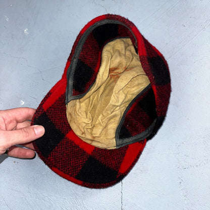 Vintage 1970s Woolrich Buffalo Plaid Red Black Hat with Ear Flaps USA 70s Warm
