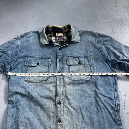 VTG USA Made LL Bean Flannel Lined Worn Distressed Denim Shirt Size L Farm Core