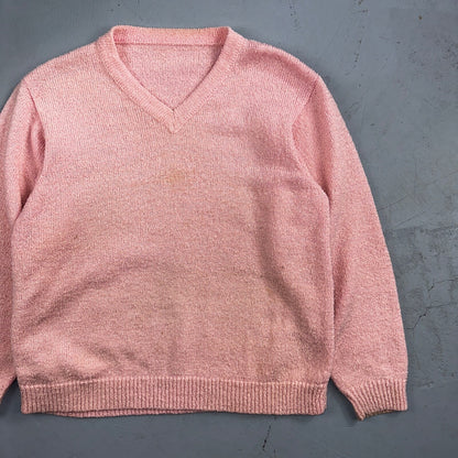 Vintage Pink Knit Sweater Cardigan Womens 70s 80s Basic Cozy Essential Winter